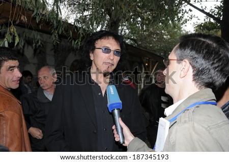 SPITAK, ARMENIA - OCTOBER 1: Tony Iommi of Black Sabbath gives interview as he arrives in Spitak, Armenia on October 1, 2009 within the framework of “Armenia Grateful 2 Rock” project.