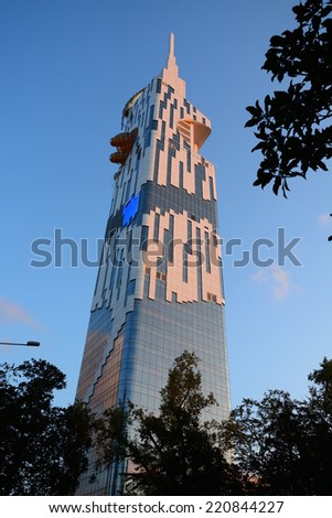 BATUMI, ADJARA, GEORGIA - SEPTEMBER 17: Batumi Technological University Tower on September 17, 2014 in Batumi. It is the first ever skyscraper in the world with an integrated Ferris wheel.