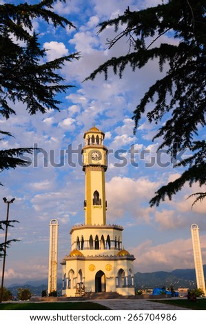 BATUMI, ADJARA, GEORGIA - SEPTEMBER 19: Tower of Chacha on September 19, 2012 in Batumi. The tower is surrounded by 4 fountain pools. Construction of 25-meter Chacha Tower costed around 500000 USD.