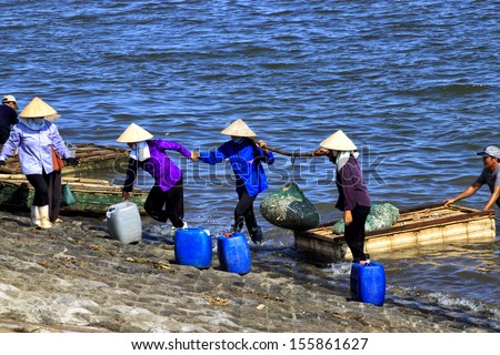 NAM DINH, VIETNAM - AUGUST 27: A lot of fishers sort out their catch on the shore and sell fish to dealers, August 27, 2013, NamDinh, Vietnam