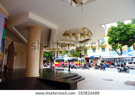 HANOI, VIETNAM-OCTOBER 19: The grand lobby of the building overlooking the street on October 19, 2013 in Hanoi, Vietnam. Hanoi is a city of peace