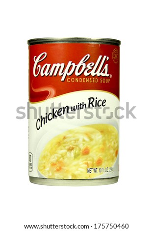 SPENCER , WISCONSIN- FEBRUARY 9, 2014 : can of Campbell's chicken With Rice soup . Campbell's is a leading producer of canned soups and related products. It was founded in 1869