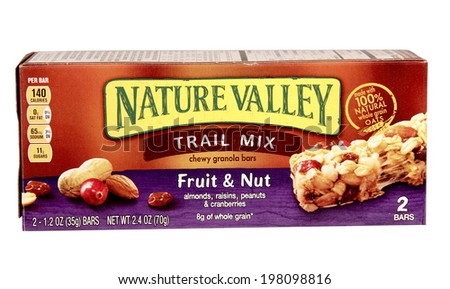 SPENCER , WISCONSIN June 10 , 2014:  box of Nature Valley Fruit and Nut Trail Mix. Nature Valley is a product of Gereral Mills founded in 1866