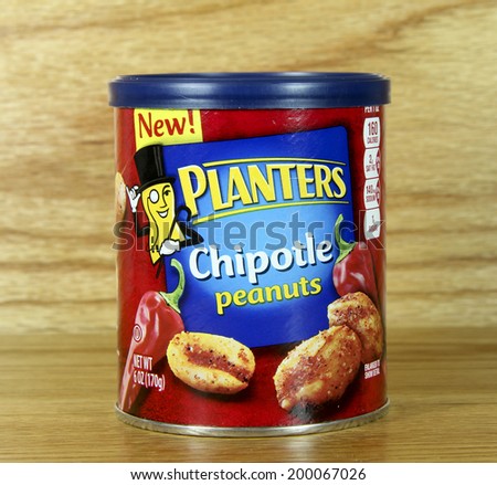 SPENCER , WISCONSIN June 22 , 2014:  can of Planters Chipotle Peanuts. Planters is an American snack food company, a division of Kraft foods.