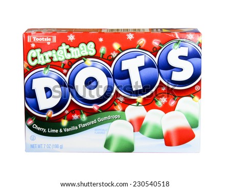 SPENCER , WISCONSIN, Nov, 14, 2014: Box of Tootsie Christmas Dots. Dots are a brand of gum drops marketed by Tootsie Roll industries launched in 1945