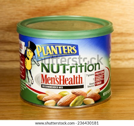 SPENCER , WISCONSIN, Dec,9,2014,  Can of Planters Nut.rition Men's Health Mix. Planters is an American snack food company and a division of Kraft Foods.