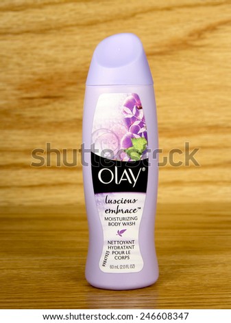 SPENCER , WISCONSIN,January, 23, 2015,  Bottle of Olay Moisturizing Body Wash. Olay is an American skin care line founded in 1949 and is owned by Procter & Gamble\'s