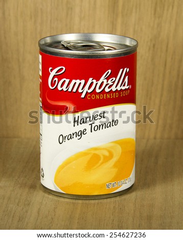 SPENCER , WISCONSIN,  February, 21, 2015  Can of Campbell\'s Harvest Orange Tomato Soup. Campbell\'s was founded in 1869 and it\'s poducts are sold in over 120 countries