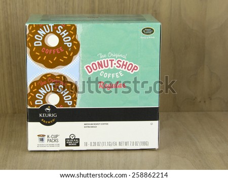 SPENCER , WISCONSIN, March, 8, 2015  Box of  Donut Shop Coffee K-Cup Packs. Donut Shop Coffee is a leading brand for the Keurug K-Cup Brewer