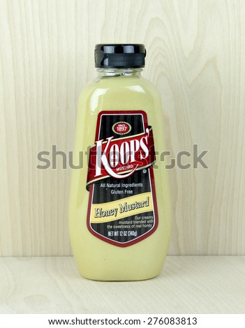 SPENCER , WISCONSIN, May, 8, 2015   Bottle of Koop\'s Honey Mustard. Koops Mustard is an American company founded in 1897
