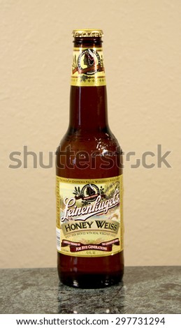 SPENCER , WISCONSIN, July, 19, 2015  Bottle of Leinenkugel\'s Honey Weiss Beer Leinenkugel is a Wisconsin based brewery founded in 1867
