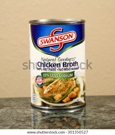 SPENCER , WISCONSIN, July, 30 2015   Can of Swanson Chicken Broth Soup Swanson is a brand of Campbell's Soup Company
