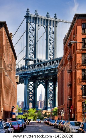 detail of Manhattan Bridge from a Brooklyn street in the neighborhood known as DUMBO