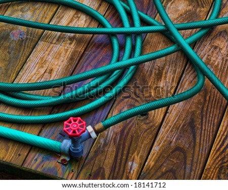 Green garden hose and red spiget coiled on a wooden dock.
