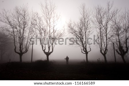 man in a dark forest with fog