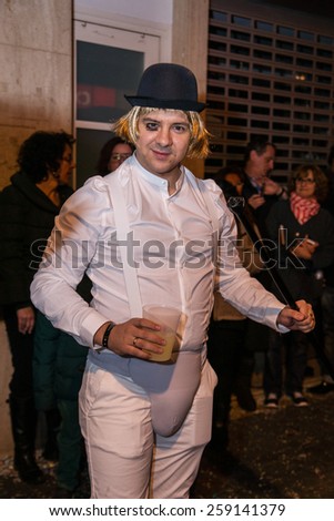 SITGES, SPAIN - FEBRUARY 14, 2015: Sitges Carnival\'s Carnestoltes, a man in a Clockwork Orange cotume during the Disbauxa \'Parade\' celebrated on February 14, 2015 in Sitges, Spain.
