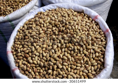 pistachio, nuts, bag, market, food, bulk, fruit, Mediterranean, Anacardiacea, green, brown