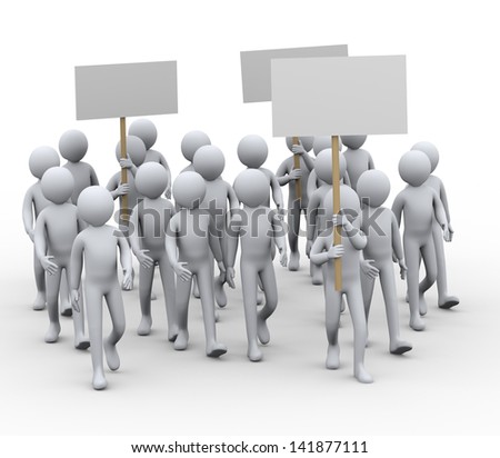3d illustration of people with banner protesting and on strike walk.  3d rendering of human people character.