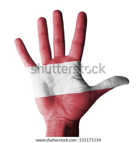Open hand raised, multi purpose concept, Austria (civil) flag painted - isolated on white background