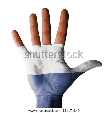 Open hand raised, multi purpose concept, Netherlands flag painted - isolated on white background