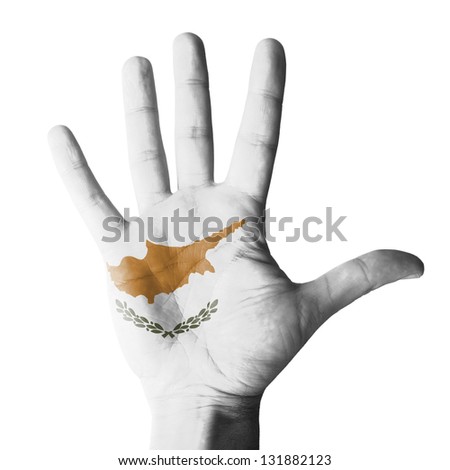Open hand raised, multi purpose concept, Cyprus flag painted - isolated on white background