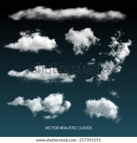 Collection of vector isolated realistic transparent clouds.