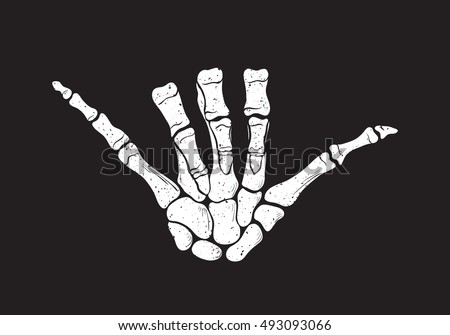 Shaka sign, surf - vector hand drawn illustration of hand skeleton. Texture effects can be turned off
