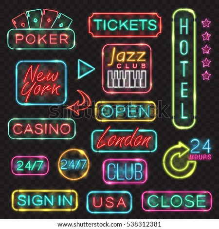 Neon signs. Vector neon lights illustrations icons for poker, casino, London, New York, USA, sign in, open, hotel, jazz club designs.