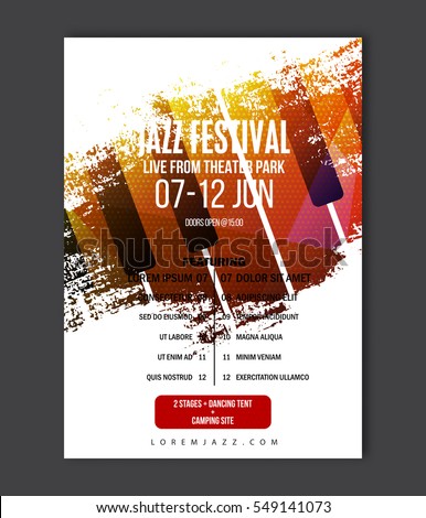 Music poster template. Vector Jazz music flyer background with keyboard illustration in paint brush style. A4 size flyer.