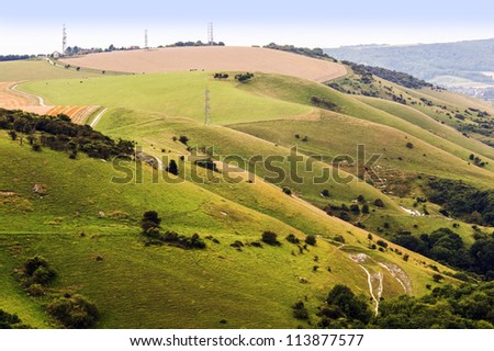 view from the south downs way footpath, sussex, england uk