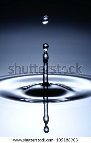 A small water drop fall on water surface and jump back before the second one to collide with it.