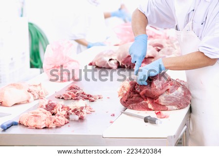 butcher cutting meat on the table in meat industry