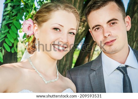 Close up portrait of happy couple on their wedding day