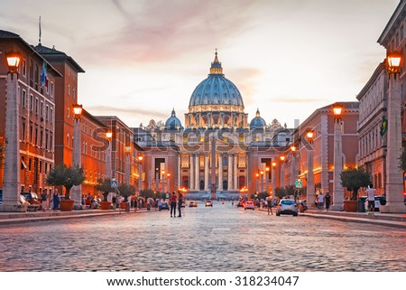 View of Illuminated Saint Peter`s Basilica and Street Via della Conciliazione, Rome, Italy
