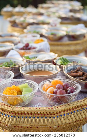 Thai food set , food with fruit thai style set on table with beautiful bowl and dish