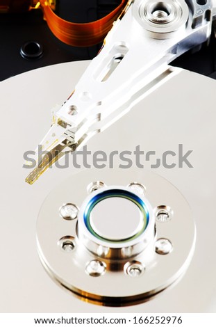 Hard disk drive inside. Close-up image.