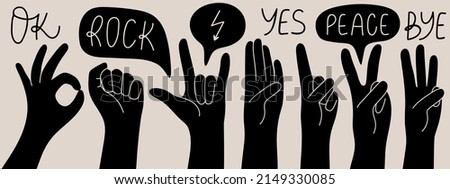 Hand gestures, black silhouettes with lettering. Various hands, vector illustration. 