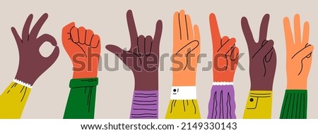 Hand gestures, color silhouettes with with elements of clothing. Various hands, vector illustration. 