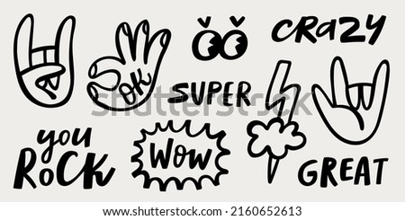 Funny black stickers and phrases collection. Ok and rock signs, eyes, wow, great, crazy icons. Hand drawn trendy vector illustration