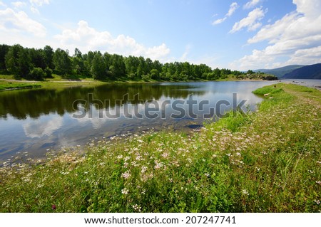 Small bay of river Yenisei, town of Divnogorsk (Krasnoyarsk territory). Place for rest of the townspeople. Summer sunny day, blooming meadow on the foreground. Forest reflecting on the water surface.