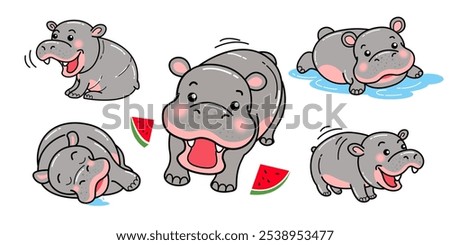 Hippo cartoon, hippopotamus, characters, vector illustration, line art