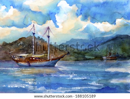 The Ship in the Sea, watercolor