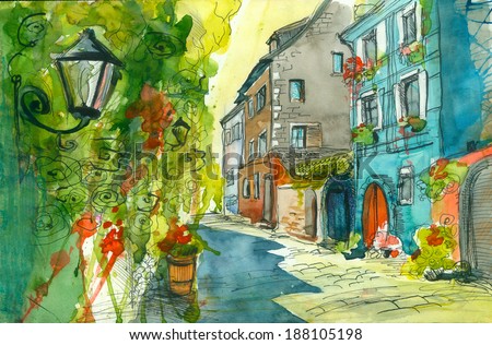 Small Summer Street, watercolor painting poster illustration