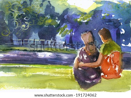 Couple in love watercolor painting illustration poster
