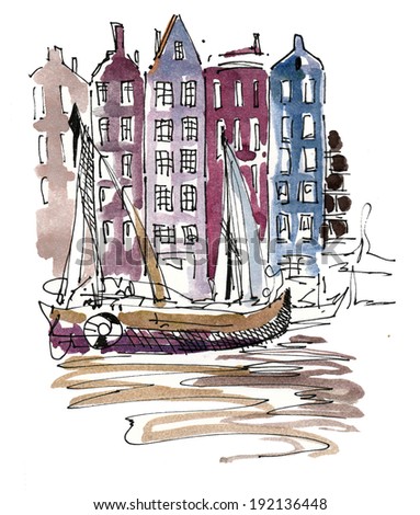 Stylish Amsterdam cityscape with canal and houses near the boat watercolor painting illustration postcard poster textile print