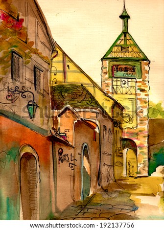 Romantic Czech tower and street view watercolor landscape illustration postcard poster textile print