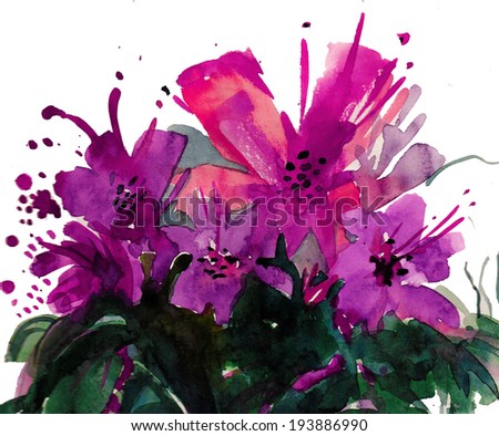 Beautiful summer flowers bouquet with red and violet bloom watercolor painting postcard poster textile background wallpaper