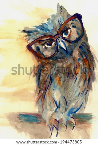 Wise Owl with big eyes in hipster glasses animal watercolor painting poster colored print textile pattern wallpaper background artwork hand drawn illustration