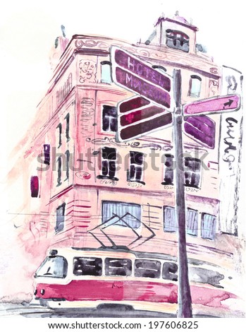 Czech tram  Cross road vintage  watercolor painting illustration poster print romantic colored 