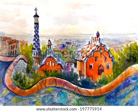 Barcelona Antonio  park picturesque watercolor illustration poster print colored painting
